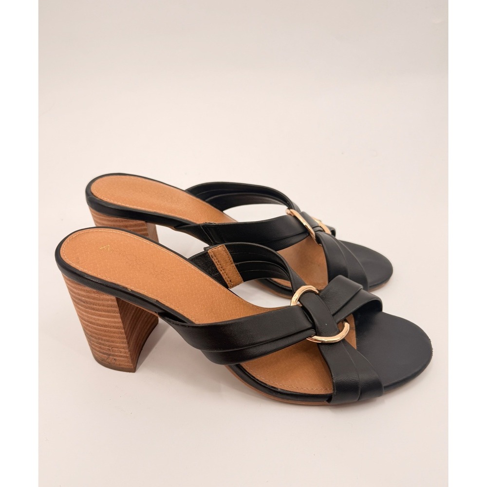 Aerosoles High Water Sandals Womens 8.5 Black Leather Gold Ring Block Heel Mules
